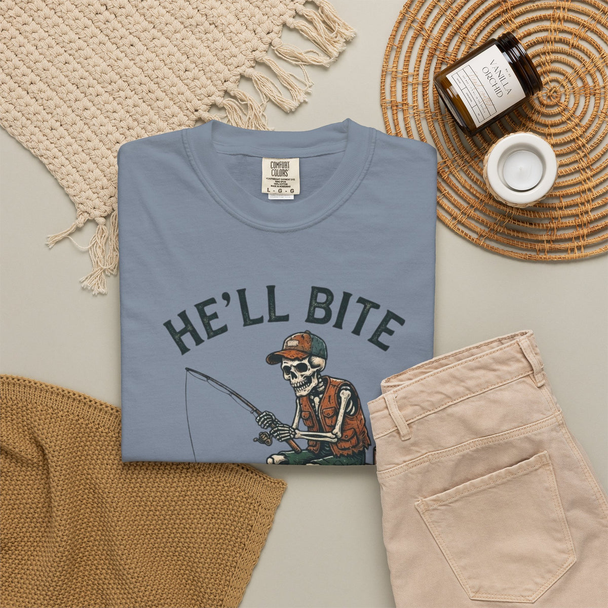 Fishing T-Shirt — "He'll Bite Eventually." Vintage Fisherman Graphic Tee