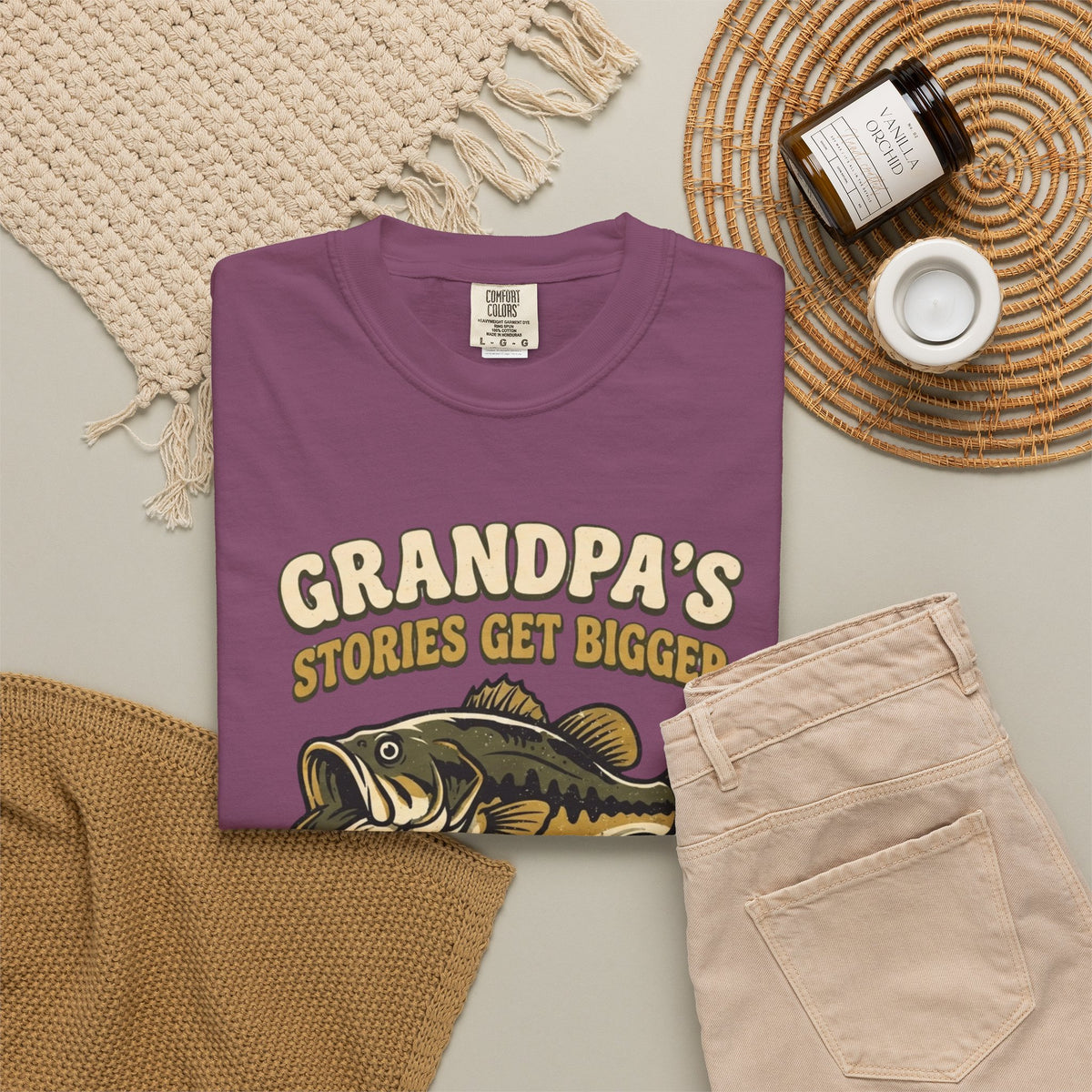 Fishing Grandpa T-Shirt — "Grandpa's Stories Get Bigger" Vintage Bass Tee