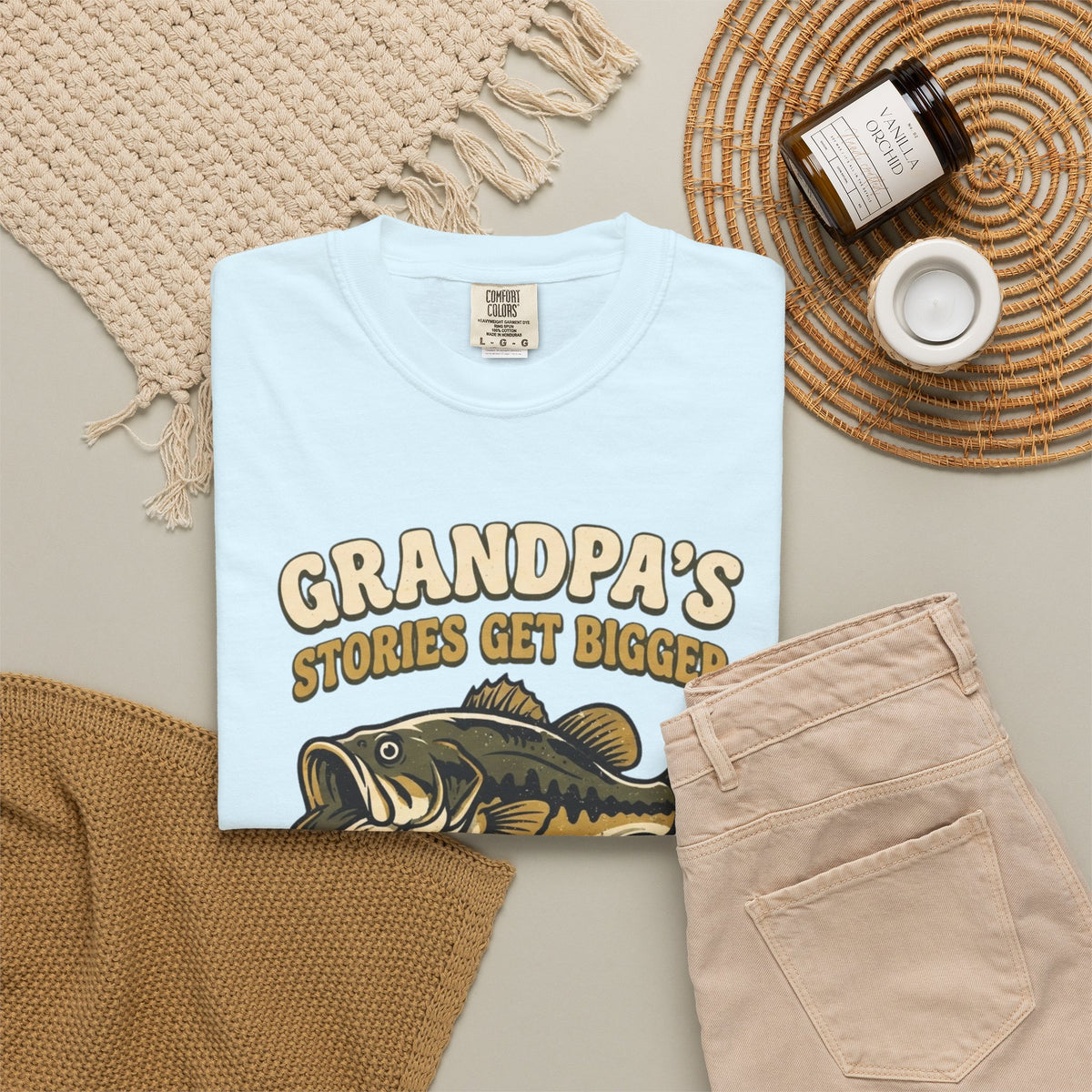 Fishing Grandpa T-Shirt — "Grandpa's Stories Get Bigger" Vintage Bass Tee