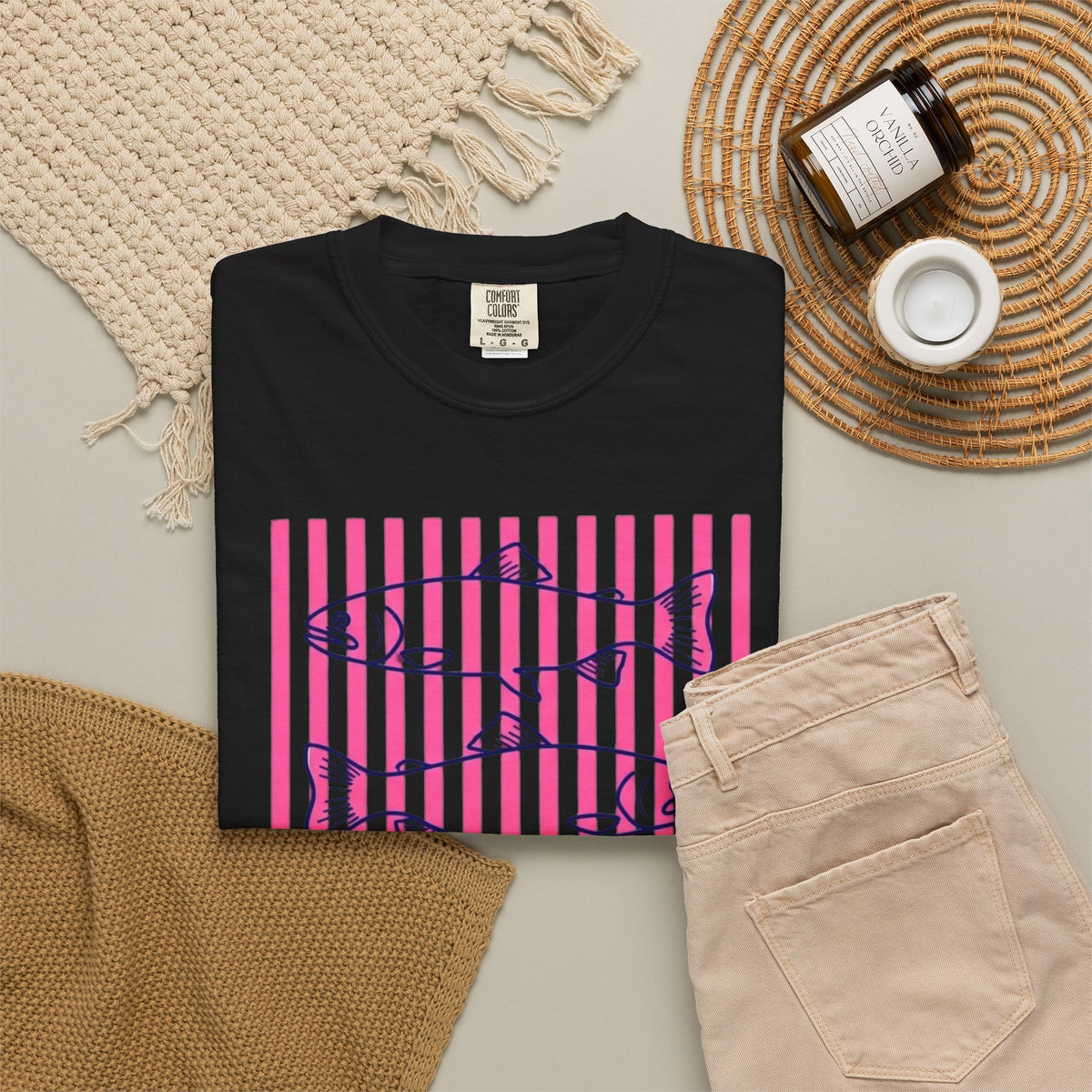 Striped Salmon Graphic T‑Shirt