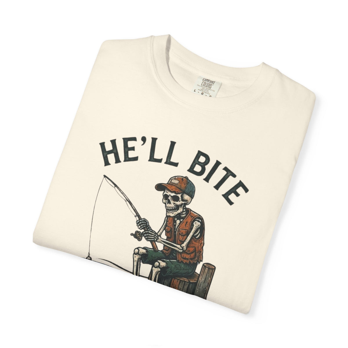 Fishing T-Shirt — "He'll Bite Eventually." Vintage Fisherman Graphic Tee