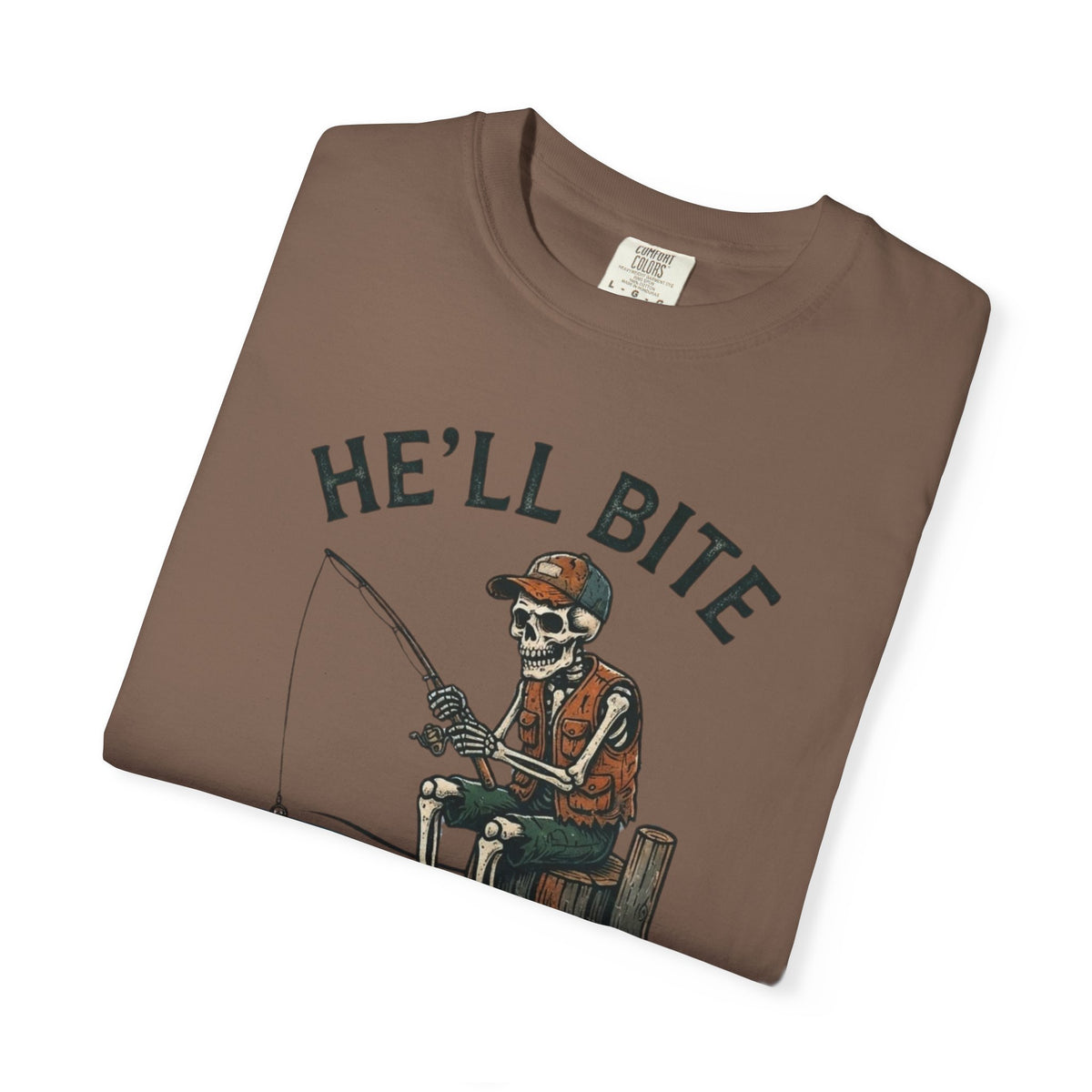 Fishing T-Shirt — "He'll Bite Eventually." Vintage Fisherman Graphic Tee