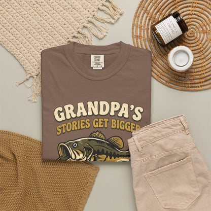 Fishing Grandpa T-Shirt — "Grandpa's Stories Get Bigger" Vintage Bass Tee