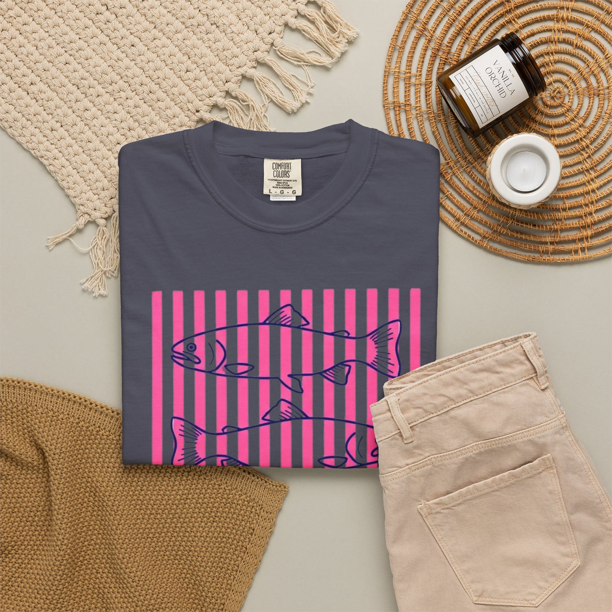 Striped Salmon Graphic T‑Shirt