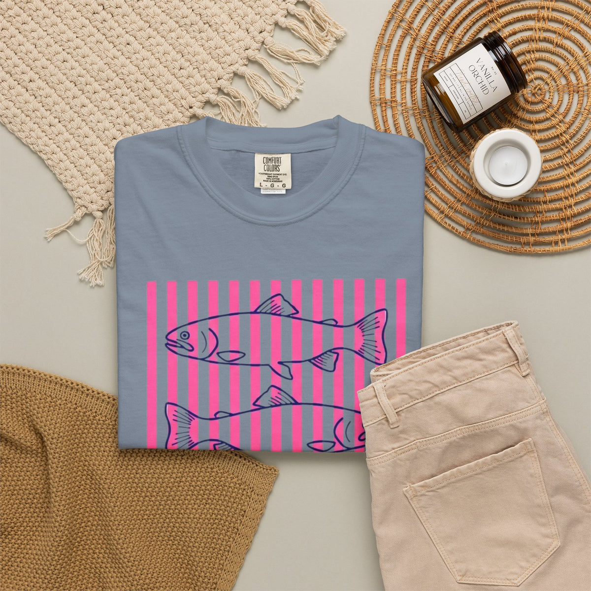 Striped Salmon Graphic T‑Shirt