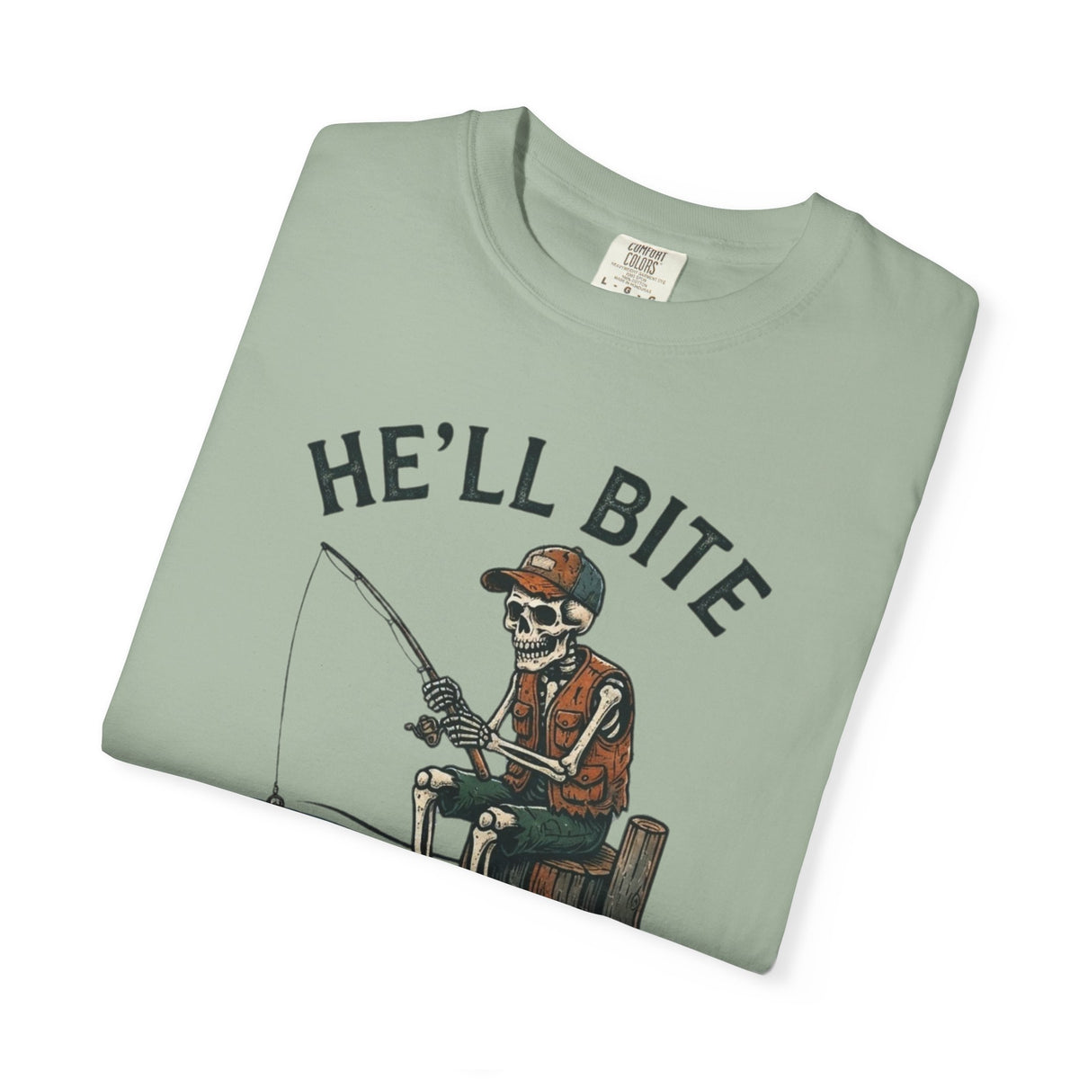 Fishing T-Shirt — "He'll Bite Eventually." Vintage Fisherman Graphic Tee