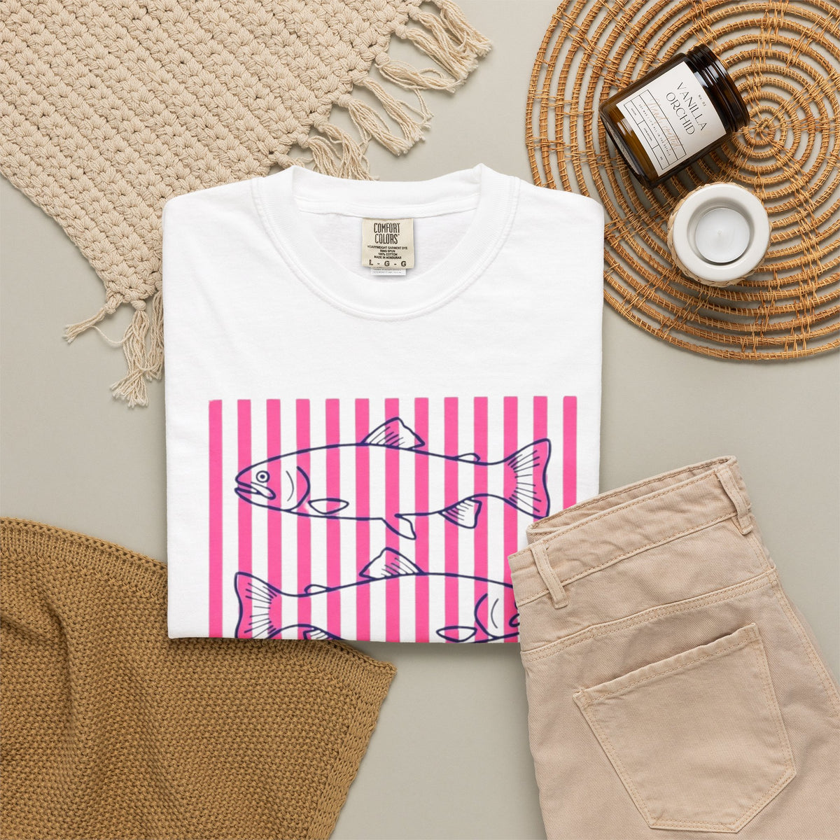 Striped Salmon Graphic T‑Shirt