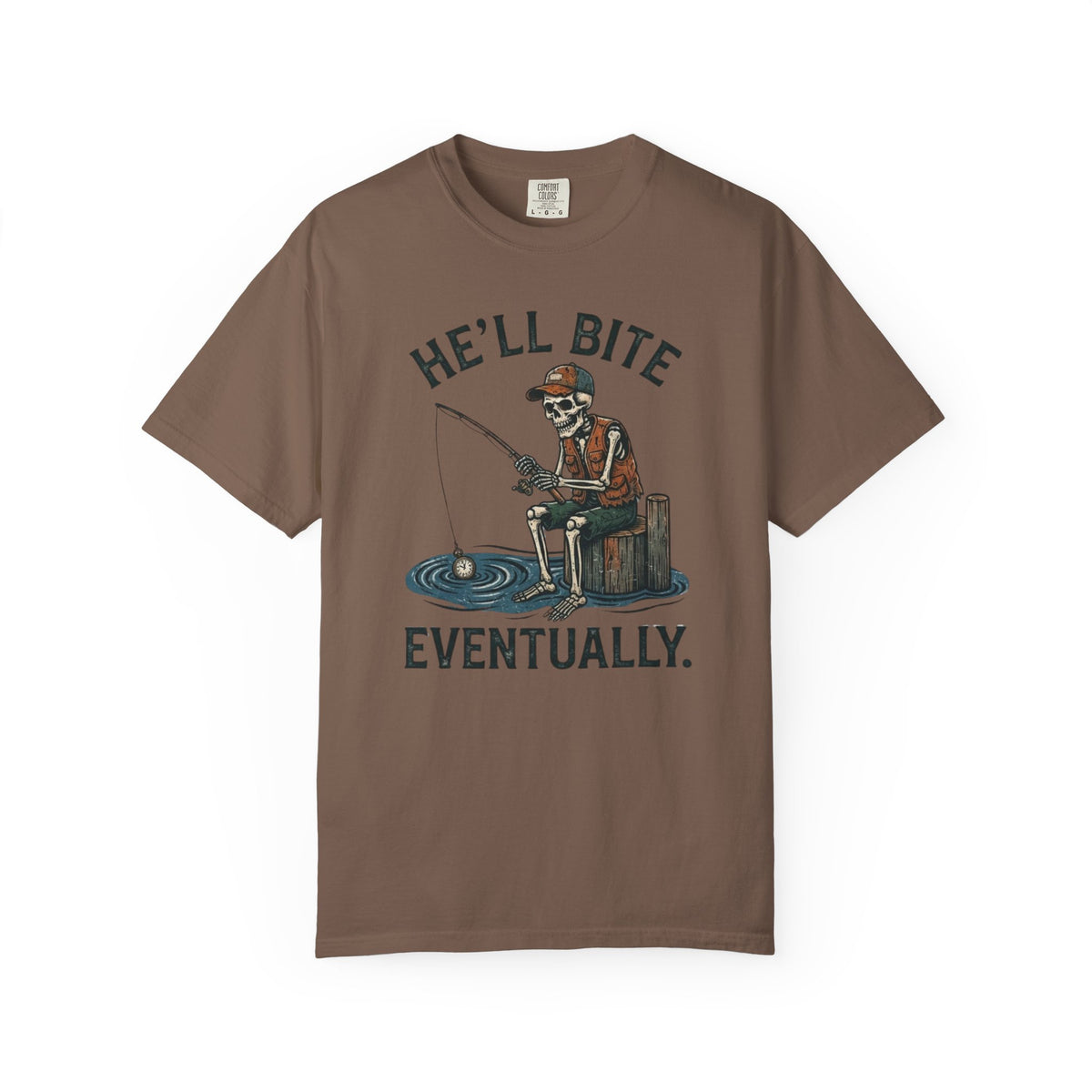 Fishing T-Shirt — "He'll Bite Eventually." Vintage Fisherman Graphic Tee