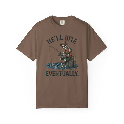 Fishing T-Shirt — "He'll Bite Eventually." Vintage Fisherman Graphic Tee